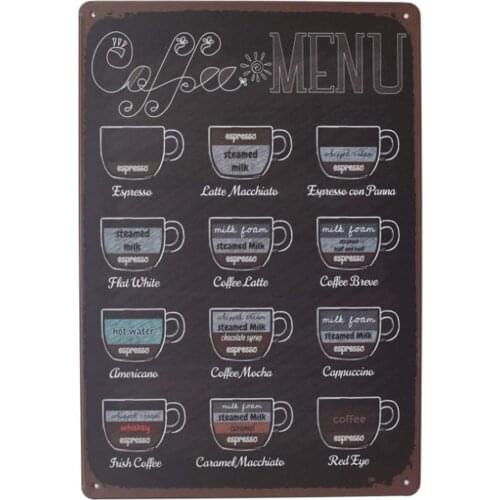 Original Retro Design Coffee Menu Tin Metal Signs Wall Art, Thick Tinplate Print Poster Wall Decoration for Cafe/Kitchen/Coffee