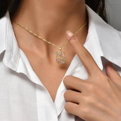 Hollow Flower Necklace Women Necklace Gold Color Square Shape Necklace Inlaid with Cubic Zirconia Give Friends Birthday Gifts