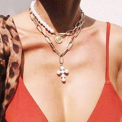 Bohemian heart coin cross necklace for women retro exaggerated multi-metal layer pearl necklace 2021 fashion jewelry