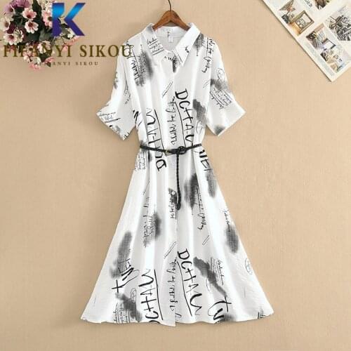 Cotton Linen Shirt Dresses Women Letter Print Fashion Lapel Short Sleeve Midi Long Dress Female Loose Plus Size Summer Dress