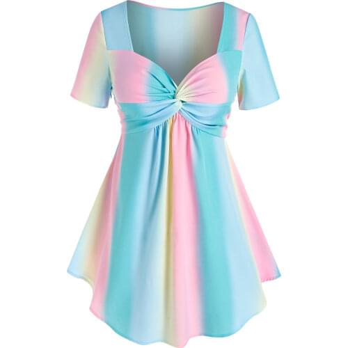 ROSEGAL Casual Women Tops Plus Size 5XL Front Twist Ombre Color Tee Short Sleeve Fashion Sweetheart Neck Punk Tees Streetwear
