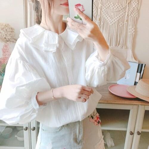 Womens Spring Ruffled Lantern Sleeve Loose Large Size Literary Cotton Linen White Three-quarter Sleeve Shirt