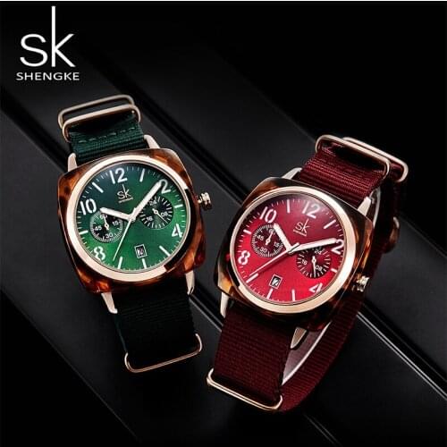 Shengke 2021 Luxury Women Watch Nylon Belt Lady Watch Imitate Shell Case Wristwatch For Women Sport Clock Wristwatch