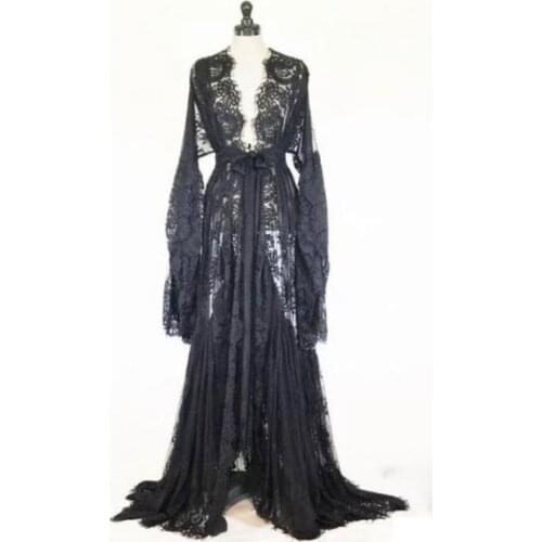 Gorgeous Black Pajamas Womens Bath Gown With Belt Full Lace Bathrobe Long Sleeves Bridal Robe Wedding Nightgown