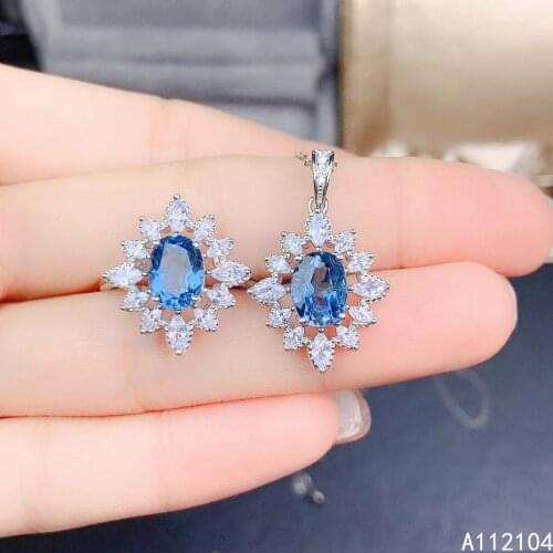 KJJEAXCMY Fine Jewelry 925 Sterling Silver Inlaid Natural London Blue Topaz women fresh trendy flower gem Ring Pendant Set suppo