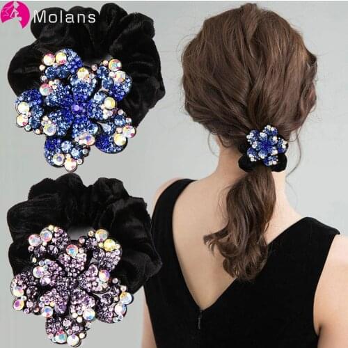 Molans Women Rhinestone Scrunchies Velvet Flower Hair Ties Girls Ponytail Holders Rubber Band Elastic Hair Band Hair Accessories