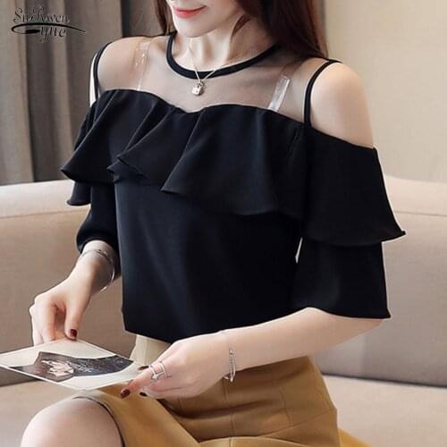 Womens Tops and Blouses Summer New Women Blouse 2021 White Blouse Short Sleeve Chiffon Blouse Women Shirt Off Shoulder Tops 4206