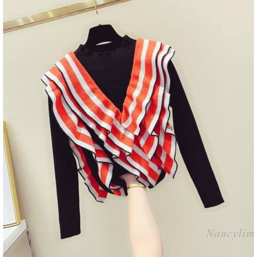 Ruffled Irregular Striped Stitching Sweater for Women 2021 Spring Winter New Korean Style Outerwear Sweaters Lady Jumpers