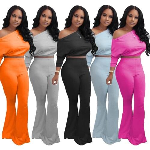 1L154 Autumn Winter Women Casual Home Solid Two Piece Set Batwing Sleeve Top T shirt and Flared Trousers Pants Tracksuit Outfits