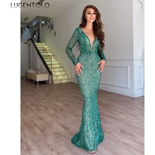Sexy Dres Women Deep V-neck Long Sleeve Party Dresses Ladies Sequins Slim Elegant Dinner Long Fashion Dress Lugentolo