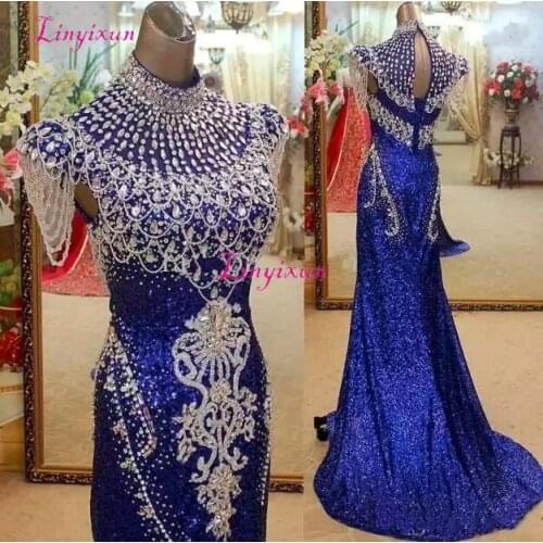 Royal Blue High Neck Mermaid Evening Dresses Party Elegant for Women Crystal Sequined Real Photos Red Carpet Celebrity Formal Go