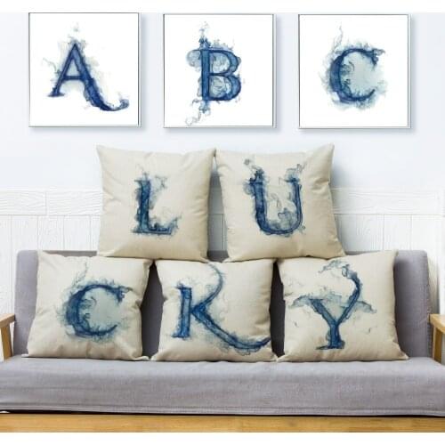 1Pcs A-Z Crown Blue Letter 45*45cm Cotton Linen Throw Pillow Cushion Cover Car Home Decoration Sofa Decor Decorative Pillowcase