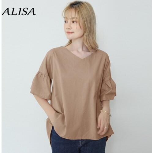 2021 New Ladies' Shirts Top Summer Short Sleeve Loose Ruffle Blouse Women Sexy V-neck Lotus Leaf Drop Shoulder Retro Tops