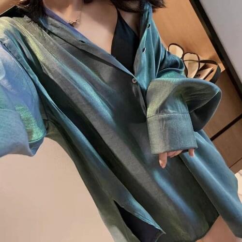 2021 Spring Women Fashion Polarized Shiny Long Sleeves Satin Vintage Blouse Female Loose Oversized Lady Street Shirts Outwear