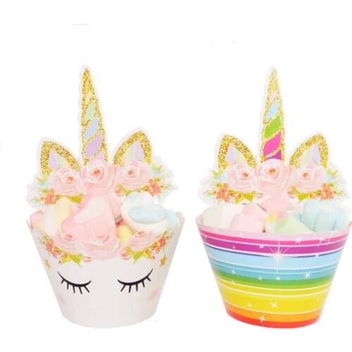 24 Pcs/set Cartoon Unicorn Rainbow Flower Cake Toppers Cupcake Wrappers Baby Shower Birthday Party Cake Decorations