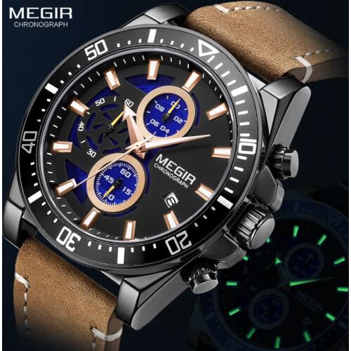MEGIR Mens Watches Quartz 2020 Luxury Casual Leather Strap Sport Watch for Man Fashion Waterproof Luminous Chronograph Watch