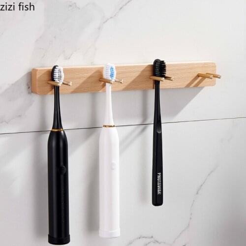 Wooden Brass Toothbrush Holder Wall-mounted Toothbrush Rack Punch-free Bathroom Shelf Electric Toothbrush Holder Storage Rack