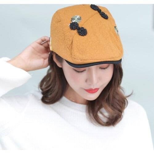 Good Quality Spring Womens Big Head Hat Beret Classic Ethnic Retro Embroidery Floral Cotton and Linen Cap Unisex Adjustable