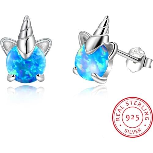 Dainty Female Round Unicorn Earrings 100% 925 Sterling Silver Stud Earrings For Women Cute Blue Fire Opal Small Earrings