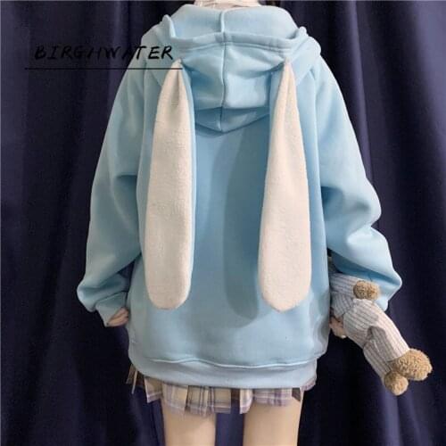 Korean Style Women Hoodies Spring 2020 Fashion Kawaii Rabbit Ears Sweatshirt Long Sleeve Loose Embroidery Zip Up Hoodie