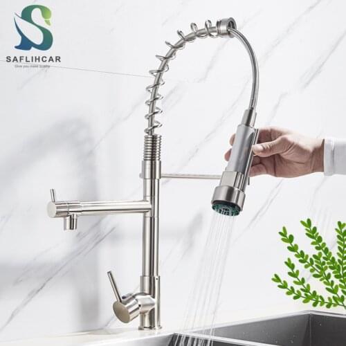 Brushed Nickel Kitchen Faucet Single Hole Two-outlet Faucet With Spring Install On The Deck A 360-degree Rotating Faucet