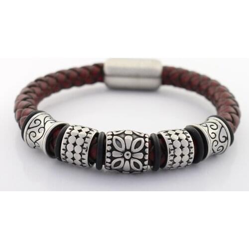 8MM Genuine Braided Leather Bracelet for Men Never Fade Stainless steel Flower Charms Bead Bangles Jewelry with Magnet Clasp