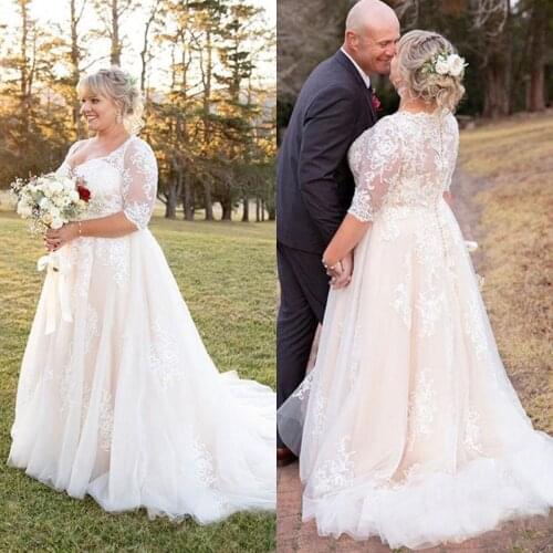 Plus Size Wedding Dresses Half Sleeve Appliqued Lace Tulle A Line Bohemian Boho Bridal Gowns Garden Country Wedding Customized
