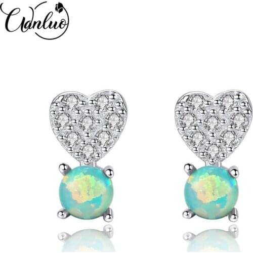 WL Cute Small Round Opal Heart Zircon Stud Earrings for Women Three Colors Natural Fire Opal Earrings Silver 925 Fashion Jewelry