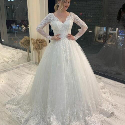 Wedding Dress 2021 V-Neck Lace Appliques Long sleeve Backless Women Brides Lady