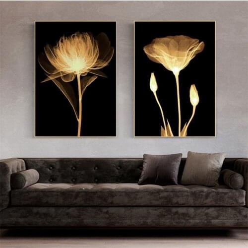 Light Yellow Flowers Canvas Paintings Abstract Flowers On Black Groud Wall Art Posters Modern Art Pictures For Living Room Decor