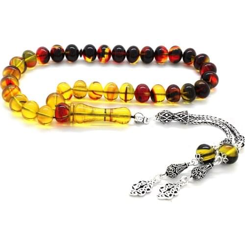 Tesbihane 925 Sterling Silver Tassels Wheel Cutting Extracted Honey Color Fire Amber Prayer Beads