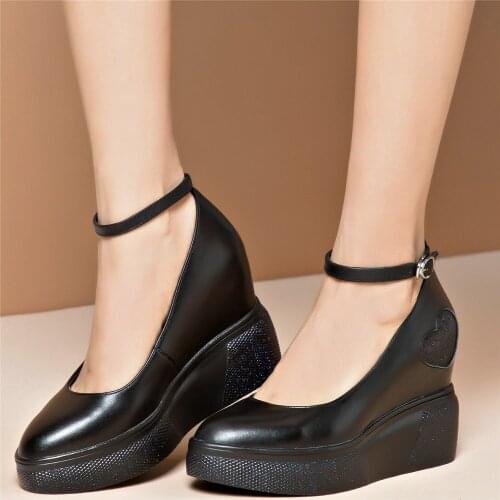 Ankle Cross Strap Chunky Platform Mary Jane Shoes Women Genuine Leather High Heel Pumps Shoes Female Wedges Oxfords Casual Shoes