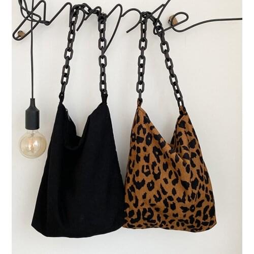 Vintage Leopard Tote Bag Women Winter Corduroy Shoulder Bag Large Capacity Handbag Acrylic Chains Handle Bag Shopping Girls Tote