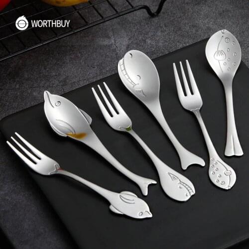 WORTHBUY 2 Pcs/Set Cartoon Tableware For Kids Spoon Fork Reusable Cutlery Set 304 Stainless Steel Dinnerware Kitchen Dinner Set