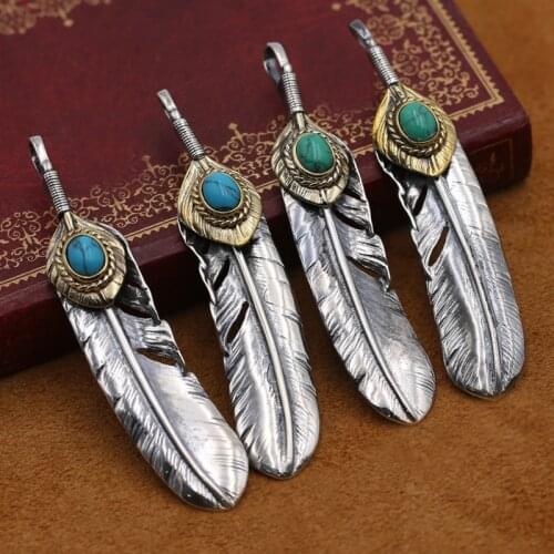 S925 sterling silver jewelry retro Thai silver sweater pendant men and women turquoise feather pendant