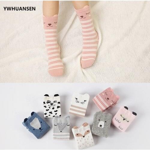 YWHUANSEN 4 Pairs/lot Autumn Winter Anti-slip Socks For Children Combed Cotton Kids Socks Cute Animal Toddler Footwear For Girls