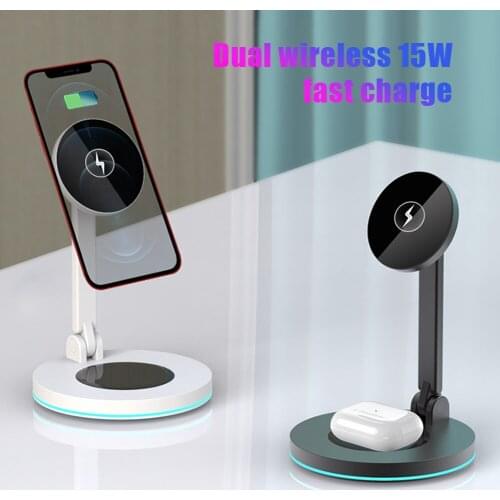 15W Multi-function Mobile Phone Earphone Charging Station 2-in-1 Magnetic Wireless Charger Foldable Phone Charger with LED Light