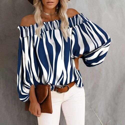 2021 Spring Autumn Sexy Off Shoulder Stripe Print Long Sleeve Smoking Blouse Loose Casual Womens Ladies Shirt Daily Wear