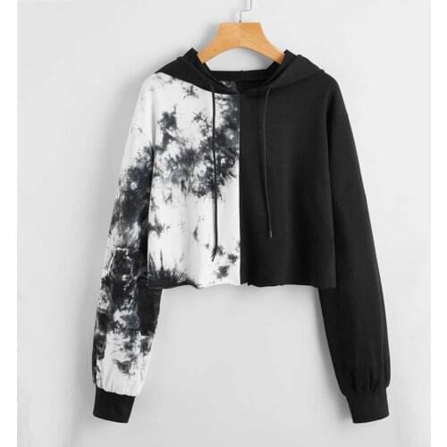 Autumn Women Cropped Hoodies Black White Splicing Top Sweatshirt With Hood Pullover For Running Jogging Hoodie Hoody