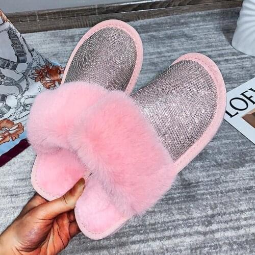 Big Size Women Slippers Ladies Round Toe Designer Shoes Luxury 2021 Rhinestone Fur Crystal Slippers Diamond Mules Flats Shoes