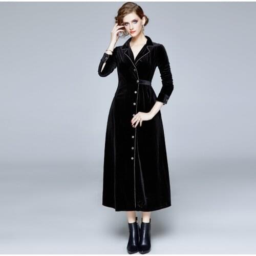 Vintage Black Velvet Suit Collar Party Dress For Women High Quality Designer Single Breasted Long Sleeve Elegant Dresses
