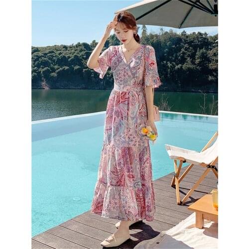 Long Dresses For Women 2021 Floral Summer Beach Dress Robe Longue Femme High Waist Flared Sleeves Dress Vestidos De Verano Mujer