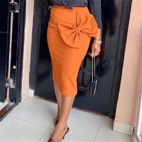Free Shipping 2022 New Skirt Fashion Bow Sheath For Office Women Mermaid Style Stretch Ladies Black And Orange Work Gowns
