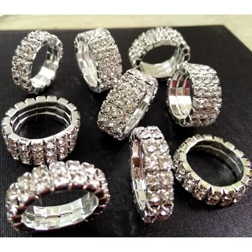 50pcs Luxury Flexible Resizable 2 Rows & 3 Rows Zircon Rings Women Ladies Elastic Elegant Shiny Crystal Beautiful Rings