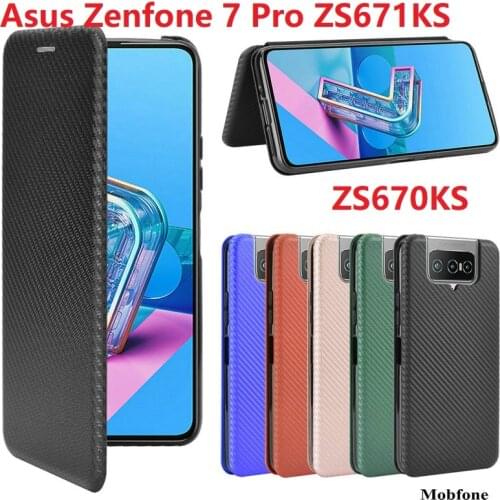Carbon Fiber For Asus Zenfone 7 Pro ZS671KS Case Magnetic Book Stand Flip Card Protective ZS670KS Wallet PU Leather Cover
