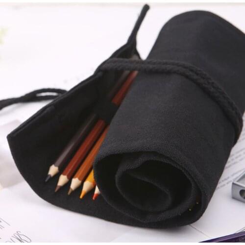 Black Color School Pencil Case Roller 12/24/36/48/72 Holes Canvas Roll Up Makeup Canvas Pen Bag For Girls Boys Stationery
