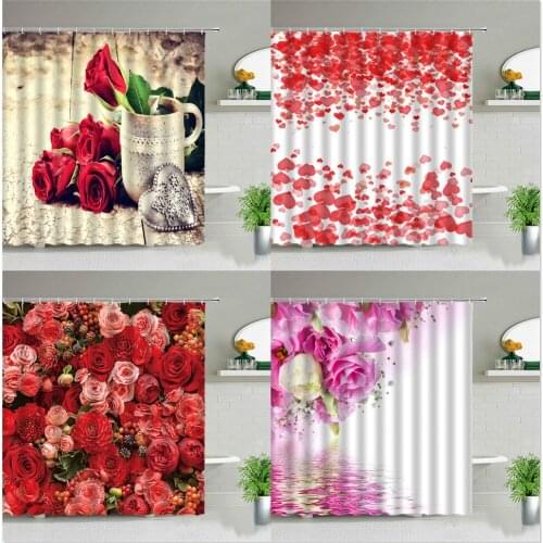 Valentines day Decor Hanging Curtains Beautiful Rose Flower Plant Shower Curtain Set Waterproof Bathroom Home Decors With Hooks