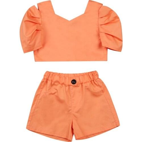 Kids Girl Clothes Short Sleeve Crop Top Short Pants Suit Toddlers Solid Color Clothes Set Elastic Button Outfits Two Piece Sets
