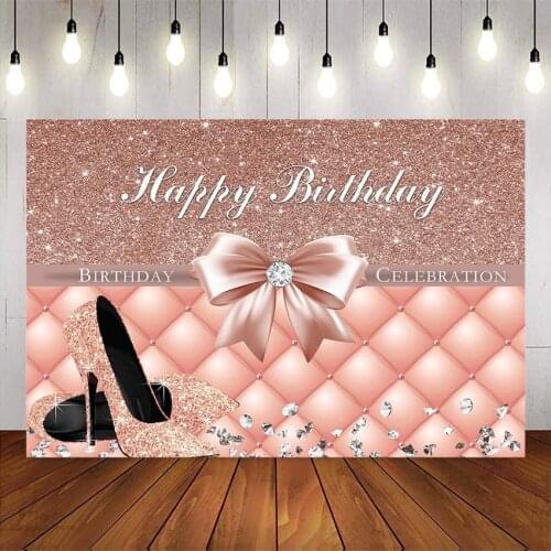 Pink Glitter Birthday Backdrop Pink headboard Bow Birthday party decoration Shiny high heels background for photo studio diamond