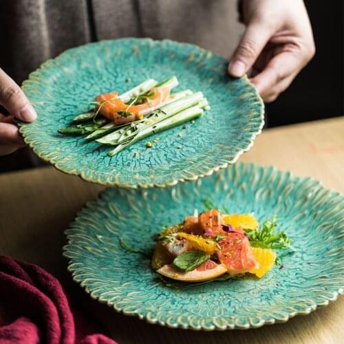 Ceramic tableware western food plate steak plate salad inventory heart plate underglaze color creative peacock green